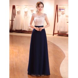 Gorgeous Evening Dresses Dark Navy Lace Formal Dress Illusion Beaded Contrast Color Floor Length Wedding Guest Dress