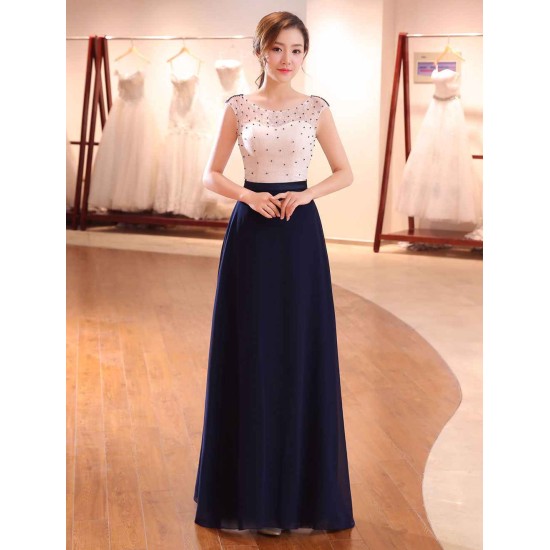Gorgeous Evening Dresses Dark Navy Lace Formal Dress Illusion Beaded Contrast Color Floor Length Wedding Guest Dress