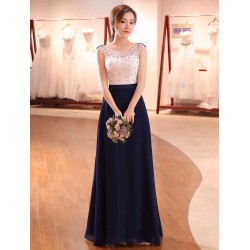 Gorgeous Evening Dresses Dark Navy Lace Formal Dress Illusion Beaded Contrast Color Floor Length Wedding Guest Dress