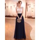 Gorgeous Evening Dresses Dark Navy Lace Formal Dress Illusion Beaded Contrast Color Floor Length Wedding Guest Dress