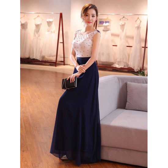 Gorgeous Evening Dresses Dark Navy Lace Formal Dress Illusion Beaded Contrast Color Floor Length Wedding Guest Dress