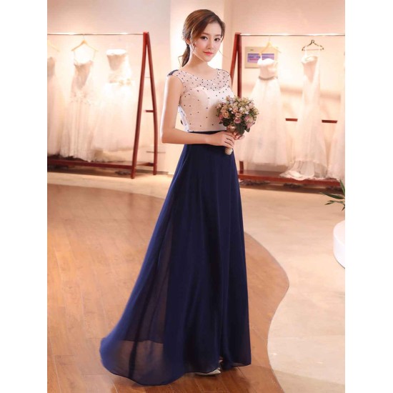 Gorgeous Evening Dresses Dark Navy Lace Formal Dress Illusion Beaded Contrast Color Floor Length Wedding Guest Dress