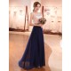 Gorgeous Evening Dresses Dark Navy Lace Formal Dress Illusion Beaded Contrast Color Floor Length Wedding Guest Dress