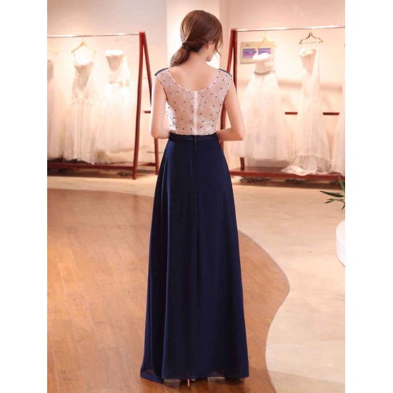 Gorgeous Evening Dresses Dark Navy Lace Formal Dress Illusion Beaded Contrast Color Floor Length Wedding Guest Dress