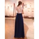 Gorgeous Evening Dresses Dark Navy Lace Formal Dress Illusion Beaded Contrast Color Floor Length Wedding Guest Dress