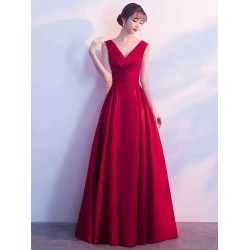 Gorgeous Burgundy Evening Dresses Long V Neck Sleeveless Pleated A Line Floor Length Evening Dress