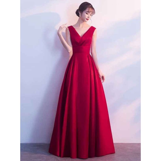 Gorgeous Burgundy Evening Dresses Long V Neck Sleeveless Pleated A Line Floor Length Evening Dress