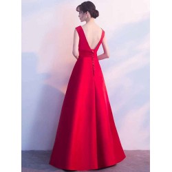 Gorgeous Burgundy Evening Dresses Long V Neck Sleeveless Pleated A Line Floor Length Evening Dress