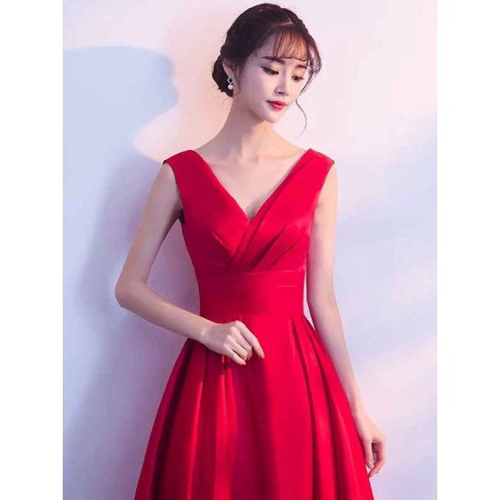 Gorgeous Burgundy Evening Dresses Long V Neck Sleeveless Pleated A Line Floor Length Evening Dress