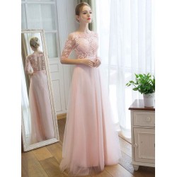 Gorgeous Evening Dresses Long Soft Pink Half Sleeve Lace Tulle Formal Evening Lace Applique Maxi Party Dress
