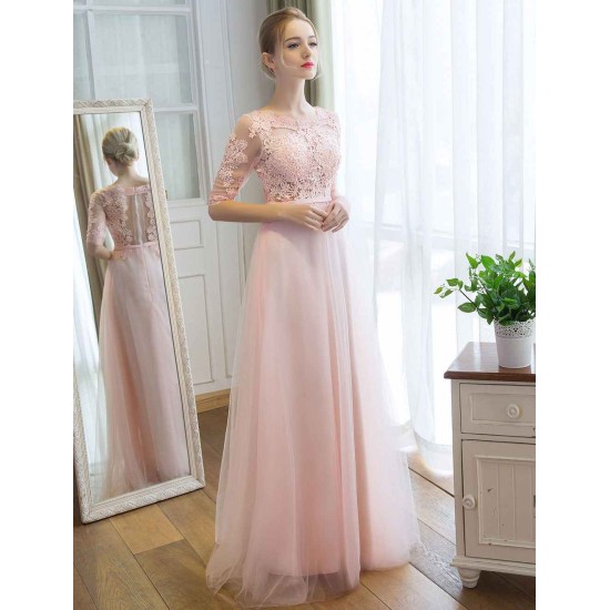 Gorgeous Evening Dresses Long Soft Pink Half Sleeve Lace Tulle Formal Evening Lace Applique Maxi Party Dress