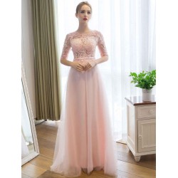 Gorgeous Evening Dresses Long Soft Pink Half Sleeve Lace Tulle Formal Evening Lace Applique Maxi Party Dress