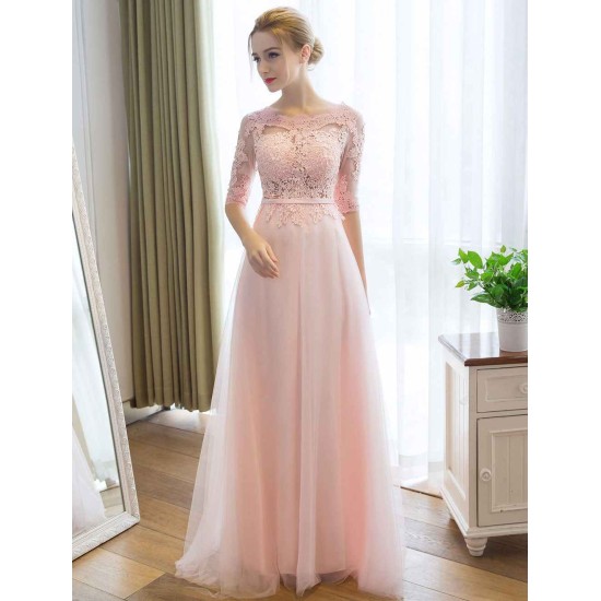 Gorgeous Evening Dresses Long Soft Pink Half Sleeve Lace Tulle Formal Evening Lace Applique Maxi Party Dress