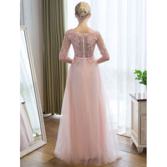 Gorgeous Evening Dresses Long Soft Pink Half Sleeve Lace Tulle Formal Evening Lace Applique Maxi Party Dress