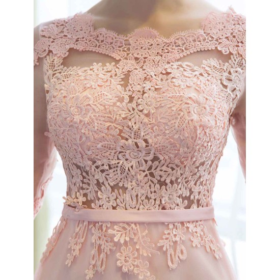 Gorgeous Evening Dresses Long Soft Pink Half Sleeve Lace Tulle Formal Evening Lace Applique Maxi Party Dress