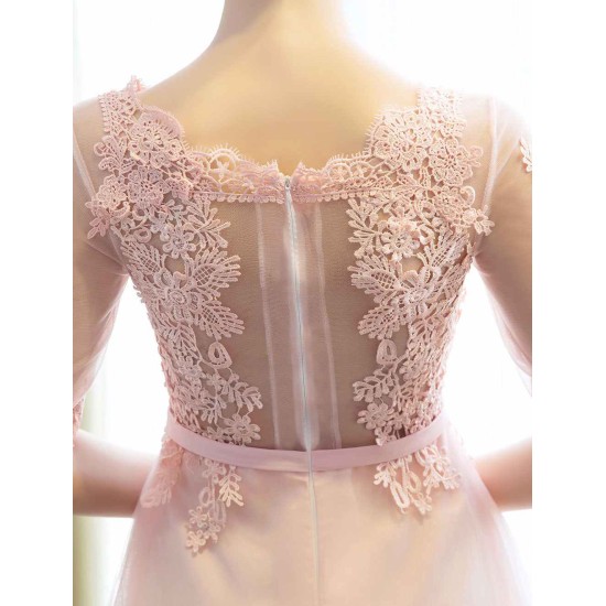 Gorgeous Evening Dresses Long Soft Pink Half Sleeve Lace Tulle Formal Evening Lace Applique Maxi Party Dress