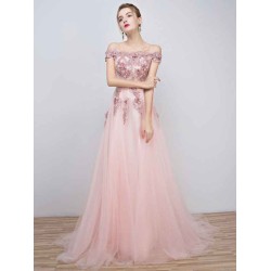 Gorgeous Pink Evening Dresses  Long Tulle Off The Shoulder evening dress Lace Applique Beading Flower Occasion Dress With Train