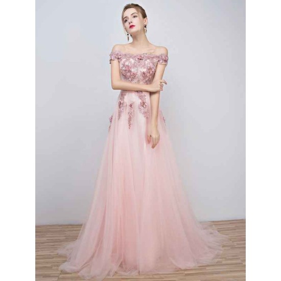 Gorgeous Pink Evening Dresses  Long Tulle Off The Shoulder evening dress Lace Applique Beading Flower Occasion Dress With Train
