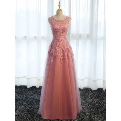 Glamorous Long Evening Dresses Lace Cameo Pink Party Dress A Line Applique Tulle Maxi Formal Dress