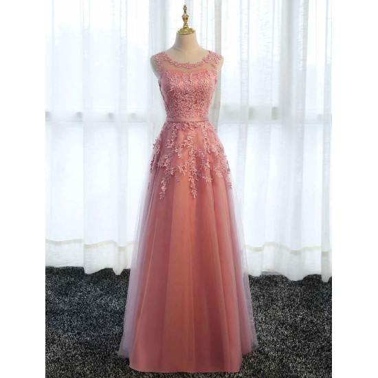 Glamorous Long Evening Dresses Lace Cameo Pink Party Dress A Line Applique Tulle Maxi Formal Dress