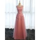 Glamorous Long Evening Dresses Lace Cameo Pink Party Dress A Line Applique Tulle Maxi Formal Dress