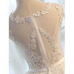 Glamorous Long Evening Dresses Lace Cameo Pink Party Dress A Line Applique Tulle Maxi Formal Dress