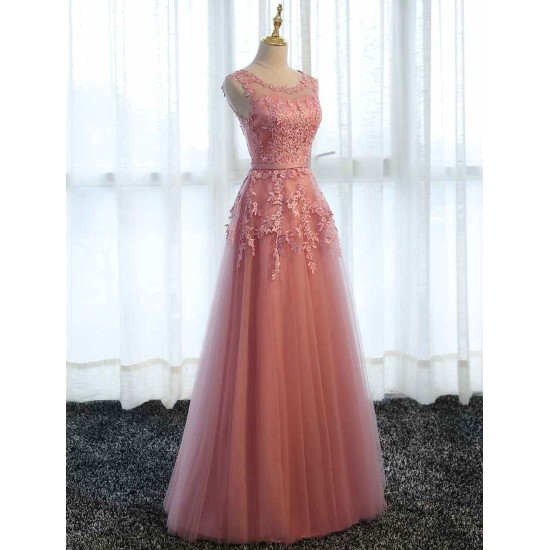 Glamorous Long Evening Dresses Lace Cameo Pink Party Dress A Line Applique Tulle Maxi Formal Dress