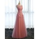 Glamorous Long Evening Dresses Lace Cameo Pink Party Dress A Line Applique Tulle Maxi Formal Dress