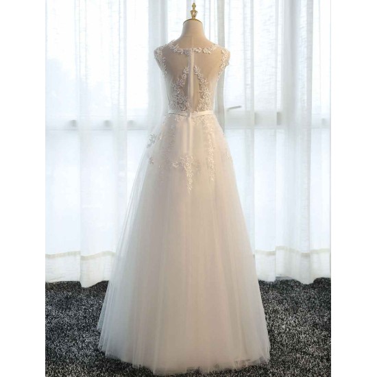 Glamorous Long Evening Dresses Lace Cameo Pink Party Dress A Line Applique Tulle Maxi Formal Dress