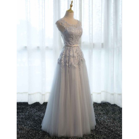 Glamorous Long Evening Dresses Lace Cameo Pink Party Dress A Line Applique Tulle Maxi Formal Dress