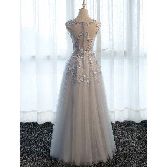 Glamorous Long Evening Dresses Lace Cameo Pink Party Dress A Line Applique Tulle Maxi Formal Dress