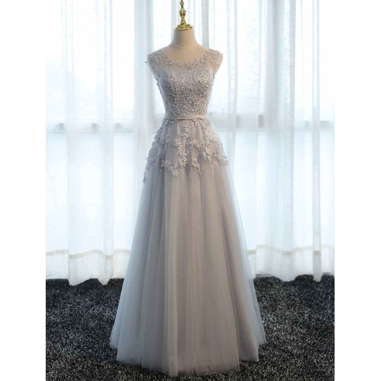 Glamorous Long Evening Dresses Lace Cameo Pink Party Dress A Line Applique Tulle Maxi Formal Dress