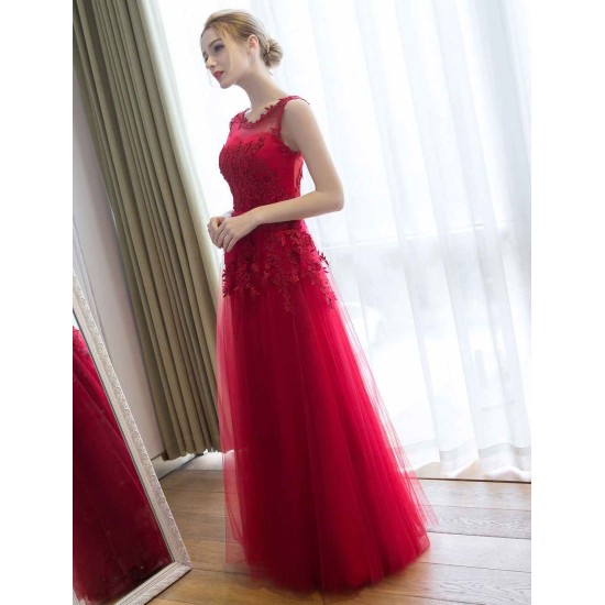 Glamorous Long Evening Dresses Lace Cameo Pink Party Dress A Line Applique Tulle Maxi Formal Dress