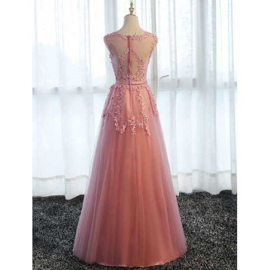 Glamorous Long Evening Dresses Lace Cameo Pink Party Dress A Line Applique Tulle Maxi Formal Dress