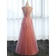 Glamorous Long Evening Dresses Lace Cameo Pink Party Dress A Line Applique Tulle Maxi Formal Dress