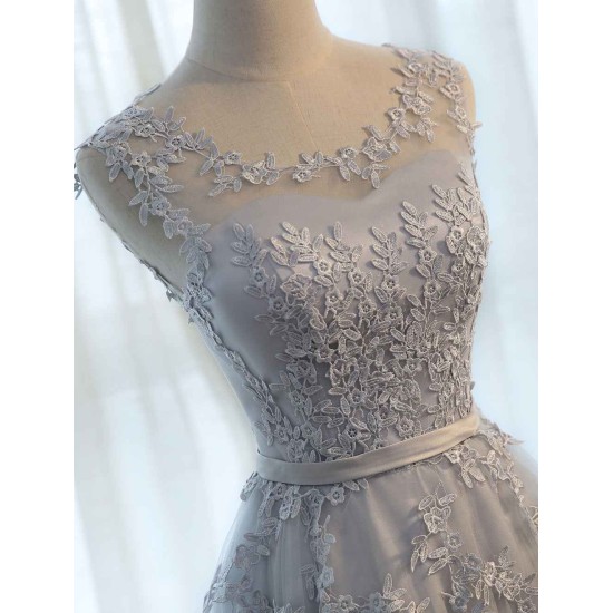 Glamorous Long Evening Dresses Lace Cameo Pink Party Dress A Line Applique Tulle Maxi Formal Dress