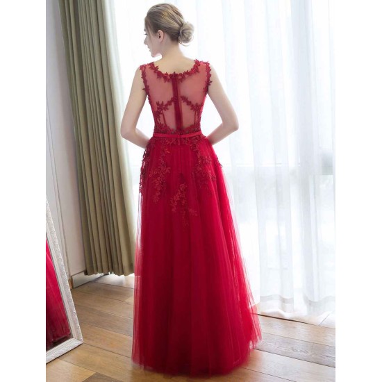 Glamorous Long Evening Dresses Lace Cameo Pink Party Dress A Line Applique Tulle Maxi Formal Dress