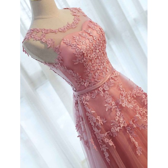 Glamorous Long Evening Dresses Lace Cameo Pink Party Dress A Line Applique Tulle Maxi Formal Dress