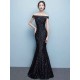 Glamorous Black Evening Dress Lace Sequin Bateau Mermaid Formal Dress Off The Shoulder Floor Length Occasion Dress wedding guest dress