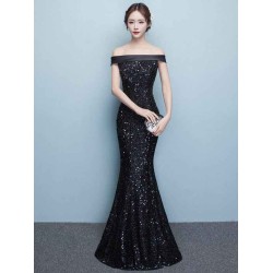 Glamorous Black Evening Dress Lace Sequin Bateau Mermaid Formal Dress Off The Shoulder Floor Length Occasion Dress wedding guest dress