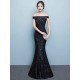 Glamorous Black Evening Dress Lace Sequin Bateau Mermaid Formal Dress Off The Shoulder Floor Length Occasion Dress wedding guest dress