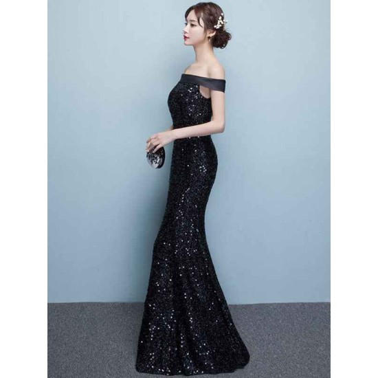 Glamorous Black Evening Dress Lace Sequin Bateau Mermaid Formal Dress Off The Shoulder Floor Length Occasion Dress wedding guest dress