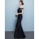 Glamorous Black Evening Dress Lace Sequin Bateau Mermaid Formal Dress Off The Shoulder Floor Length Occasion Dress wedding guest dress