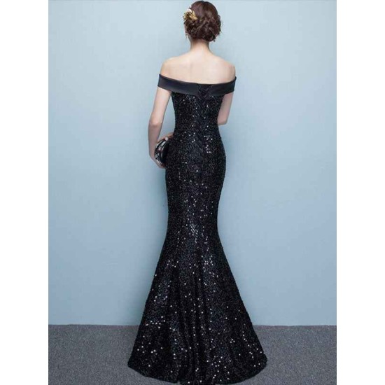 Glamorous Black Evening Dress Lace Sequin Bateau Mermaid Formal Dress Off The Shoulder Floor Length Occasion Dress wedding guest dress