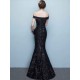 Glamorous Black Evening Dress Lace Sequin Bateau Mermaid Formal Dress Off The Shoulder Floor Length Occasion Dress wedding guest dress