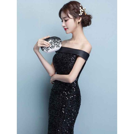 Glamorous Black Evening Dress Lace Sequin Bateau Mermaid Formal Dress Off The Shoulder Floor Length Occasion Dress wedding guest dress