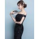 Glamorous Black Evening Dress Lace Sequin Bateau Mermaid Formal Dress Off The Shoulder Floor Length Occasion Dress wedding guest dress