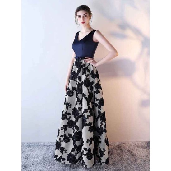 Glamorous Blue evening dress  Long Satin Floral Print Evening Dress Dark Navy V Neck Backless Floor Length Formal Dress