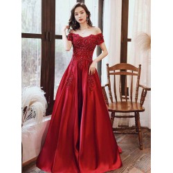 Glamorous Evening Dress A-Line Bateau Neck Floor-Length Short Sleeves Lace-up Beaded Matte Satin evening dress