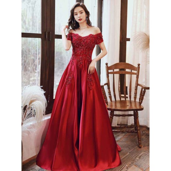 Glamorous Evening Dress A-Line Bateau Neck Floor-Length Short Sleeves Lace-up Beaded Matte Satin evening dress